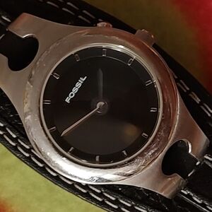 Ladies Fossil Black and Silver Watch with Textured Leather Strap